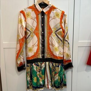 Zara Versace Scarf Chain Print Dress Pleated Long Sleeve